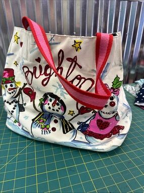 Brighton White Snowman Print Tote Bag with Pink/Red Straps